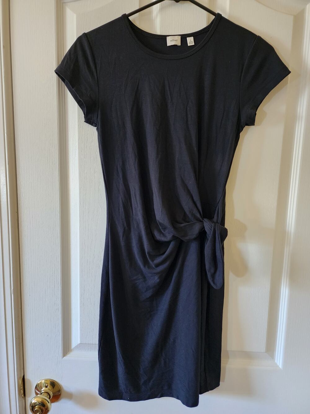 Wilfred Aritzia Black Side Tie Mini Dress Short Sleeve Crew Neck 113908 Womens S